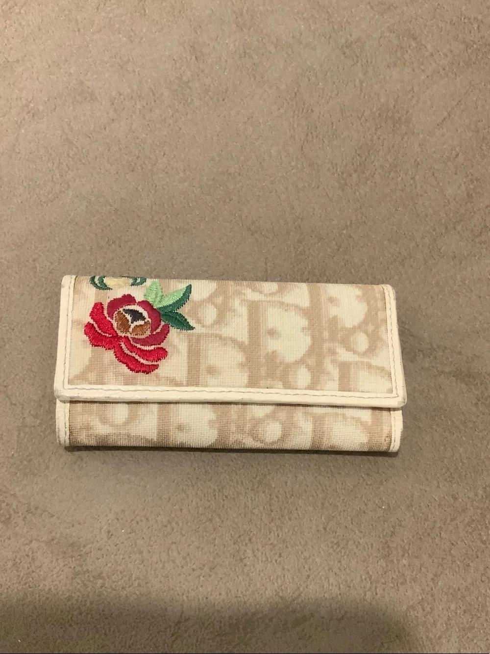Dior Beige Monogram Canvas Wallet with Embroidered Floral Accent